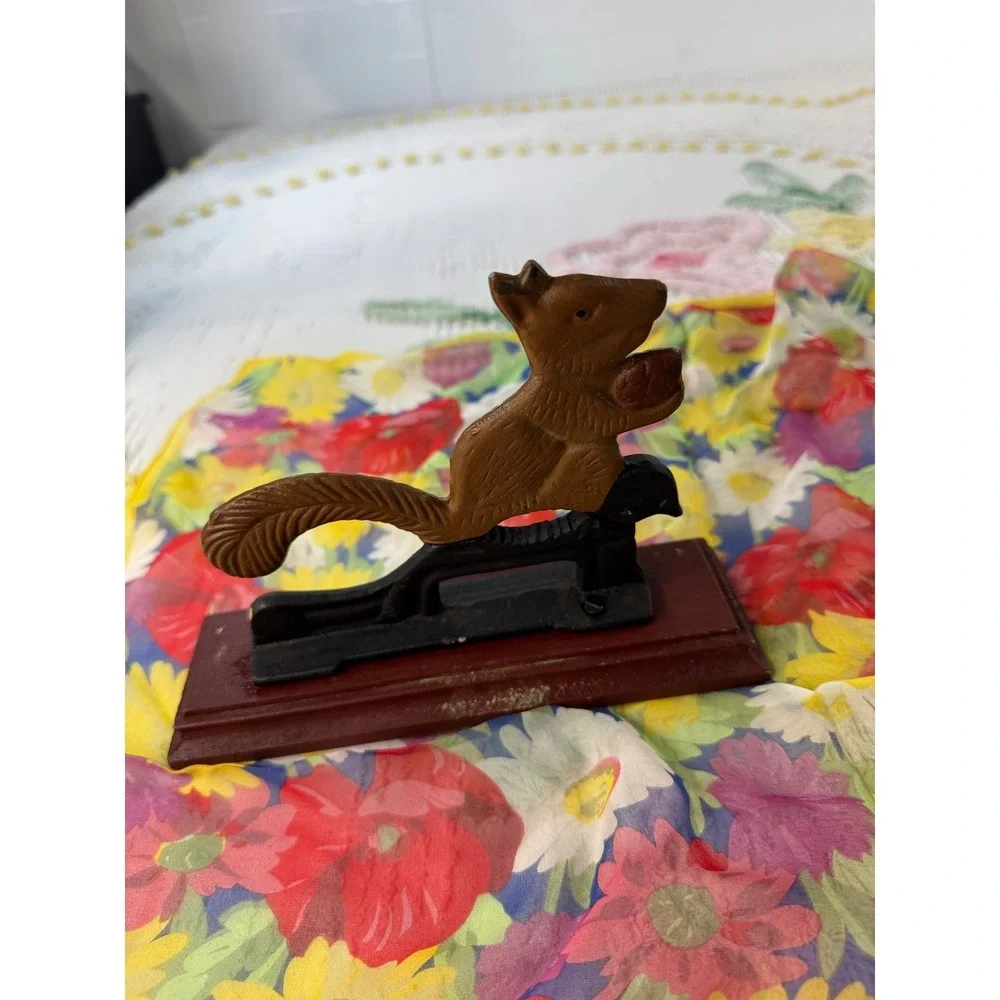 Vintage Squirrel Cast Iron Nutcracker on Wood Base Rustic Cabin Decor